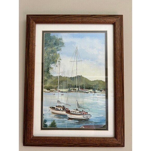 1980s Vintage Art Painting Framed Watercolor Sailboats on a Lake - Doris Minnich - Picture 2 of 6